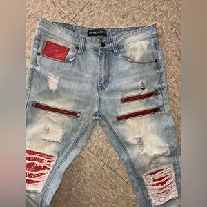 Zara Light Blue Distressed Skinny Jeans with Red Trim